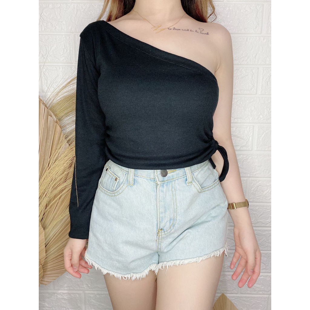 One shoulder Knit Crop Top Serut / One Shoulder Lengan Panjang / VIMEL COLLECTION