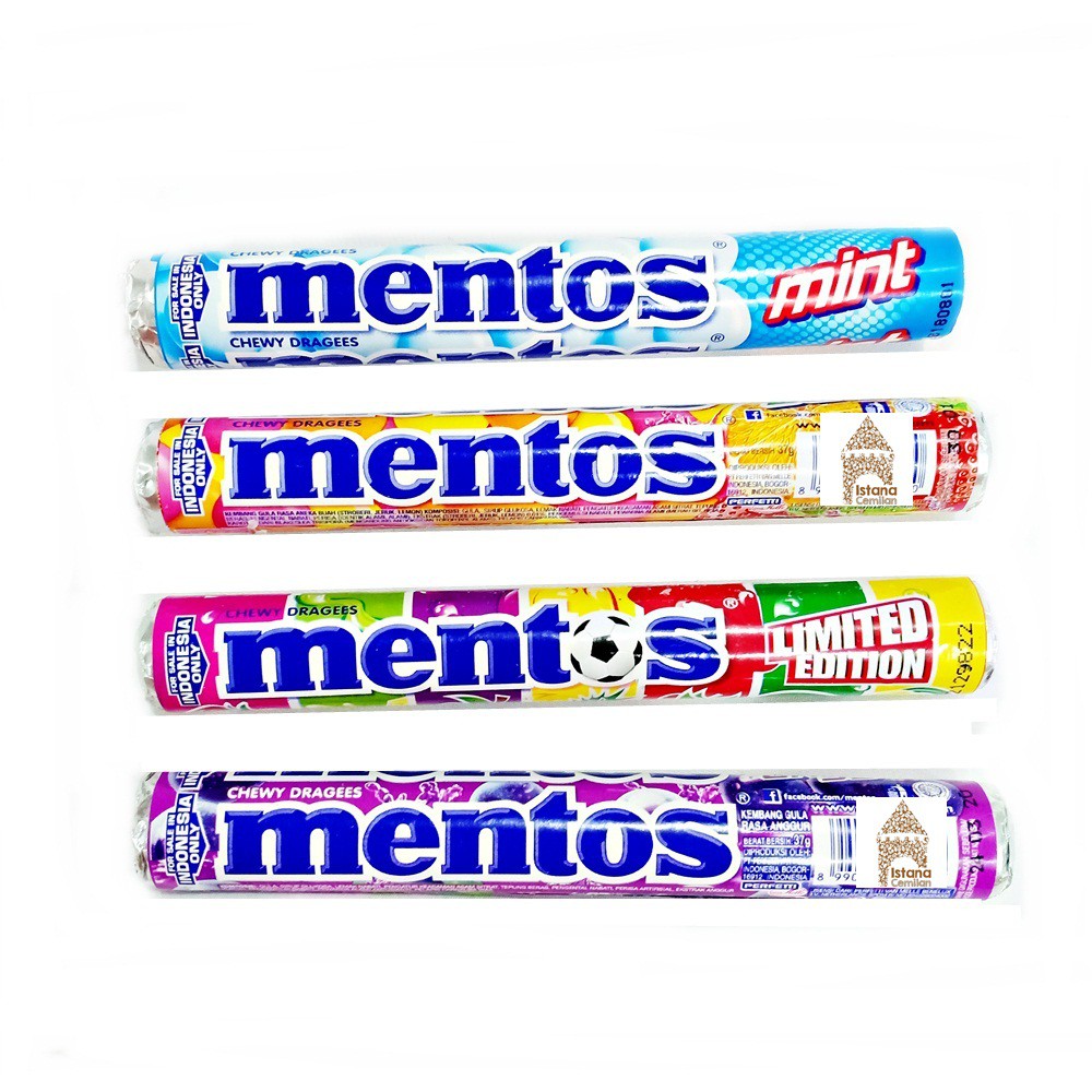 MENTOS Roll Permen Chewy Dragees Mint / Fruit / Rainbow / Anggur 29 Gram