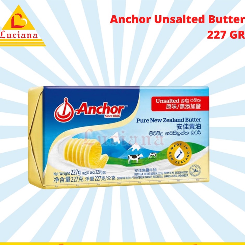 ANCHOR UNSALTED BUTTER 227GR - MENTEGA TAWAR - MENTEGA SAPI - PURE NEW ZEALAND UNSALTED BUTTER HALAL