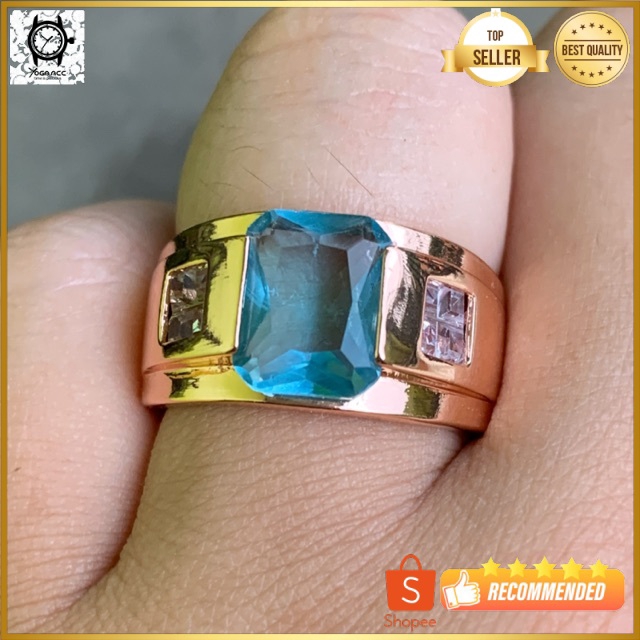 Cincin Casual Luxury Minimalis Batu Akik Blue Topaz Ring 18 K Gold Filled Terpadu