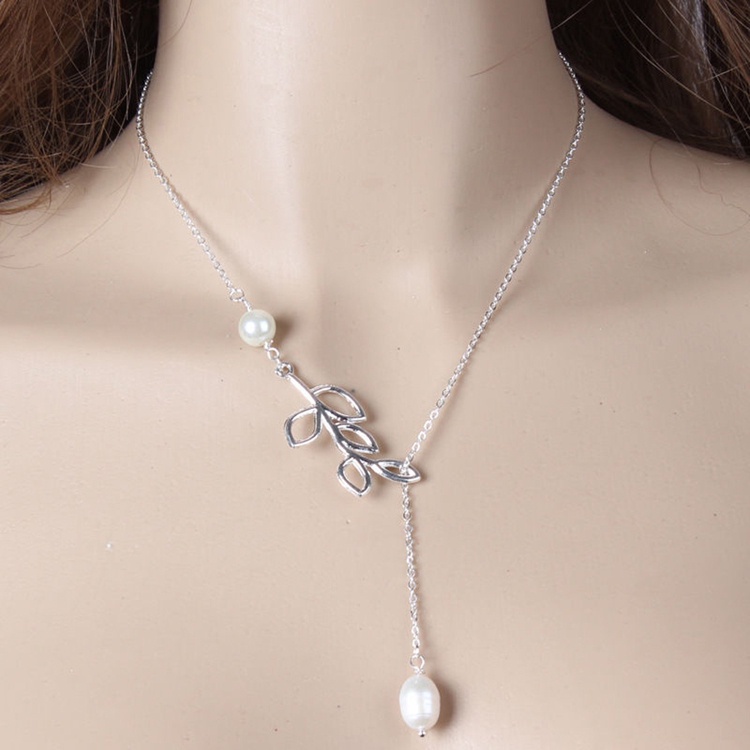 New Lady's Chic Simple Leaves Pearl Statement Choker Silver Chain Necklace Gift