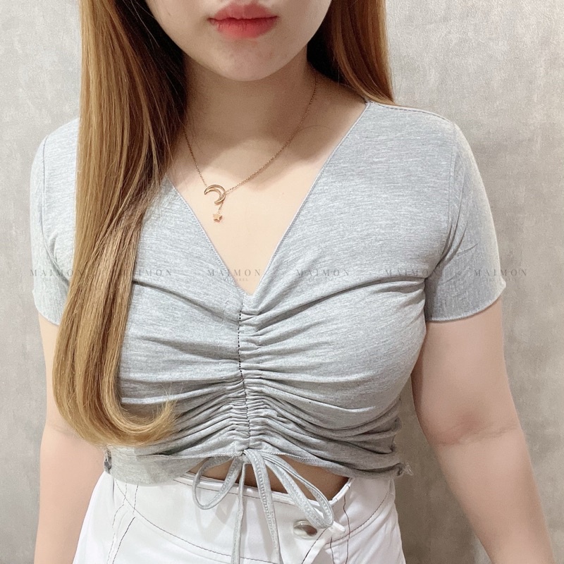 Baju Kaos V-Neck Tali Serut Wanita Korea Fashion | Maimon Grosir