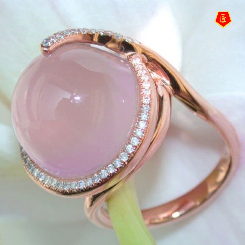 [Ready Stock]Pink Crystal Moonstone Diamond-Studded Ring Sweet and Elegant