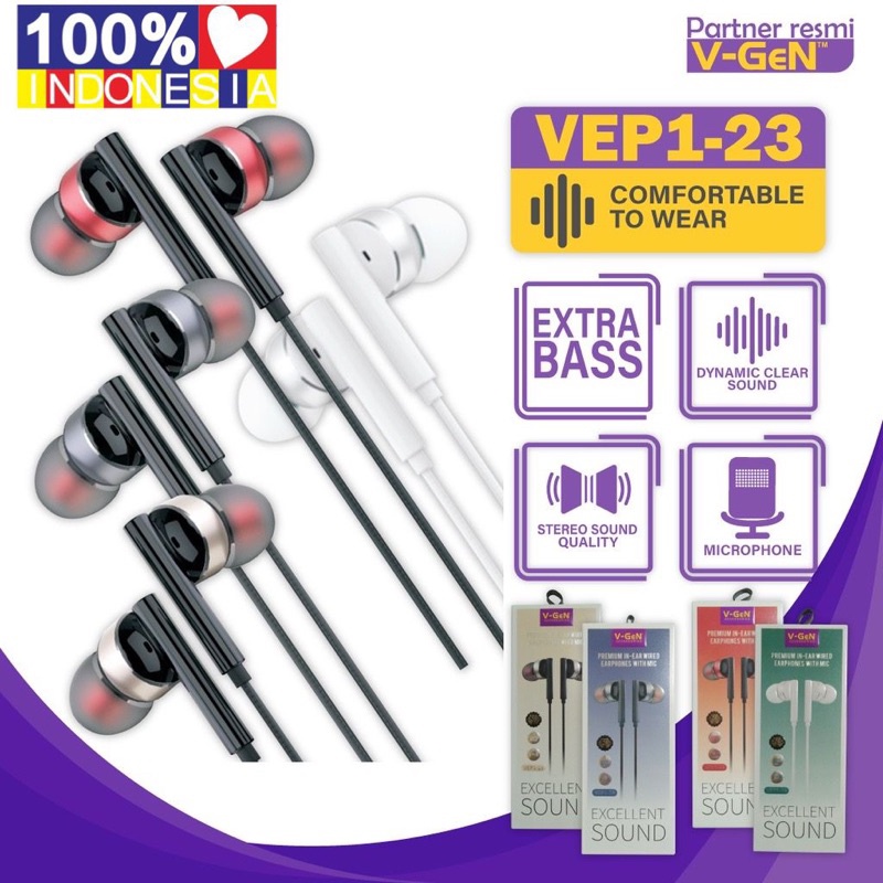 Ready Stok EARPHONE HEADSET V-GEN EXTRA BASS ORIGINAL VEP1-23 HIGH QUALITY HANDSFREE VGEN