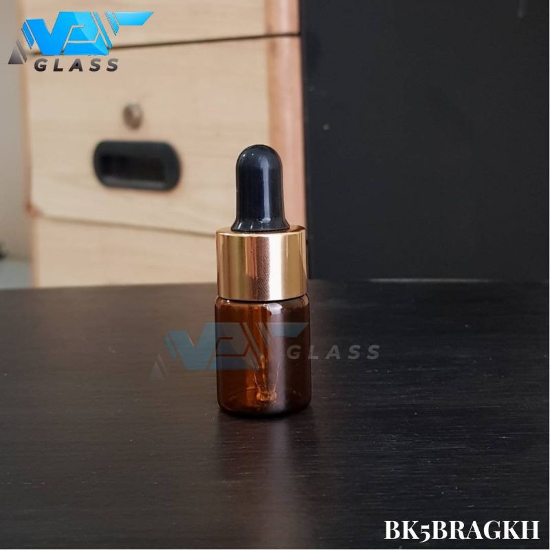 botol kaca pipet 5ml amber / coklat - ring almunium gold)