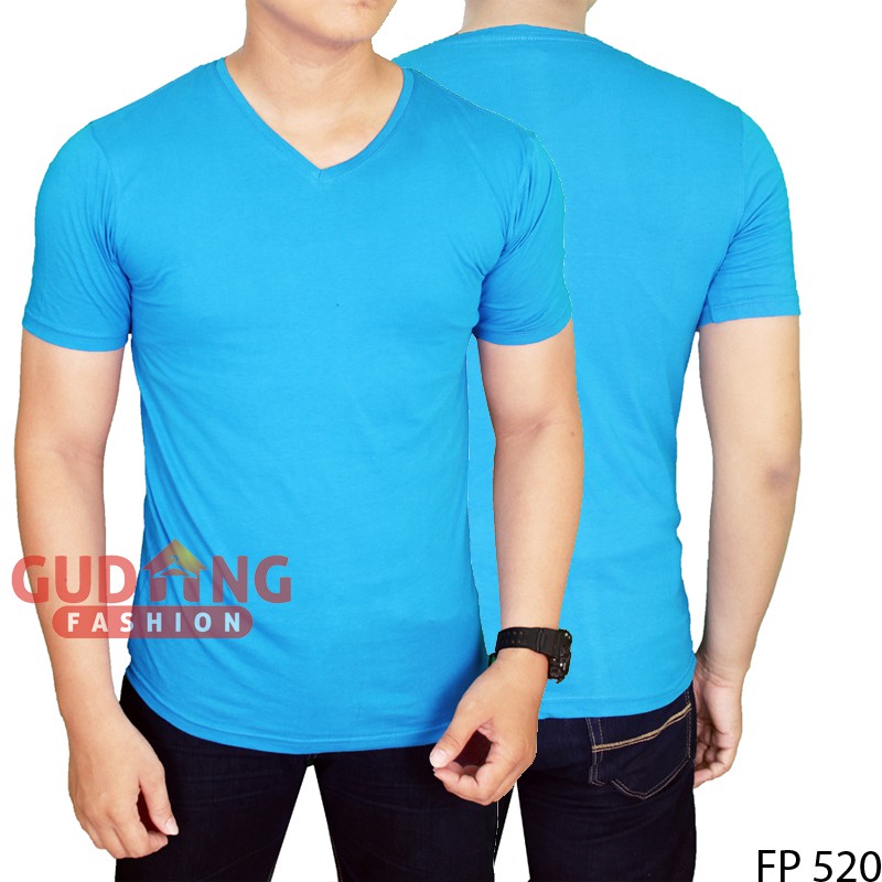 T Shirt Polos Basic Biru Muda Vneck Lengan Pendek Spandex - FP 520