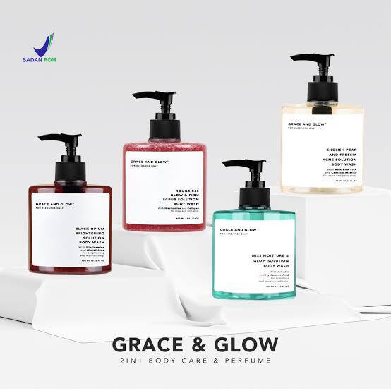 BPOM Grace and Glow Black Opium Brightening - English Pear &amp; Freesia Anti Acne Body Wash - Body Scrub - Miss Moisture - Peony Blush Soft &amp; Glow solution Body Wash