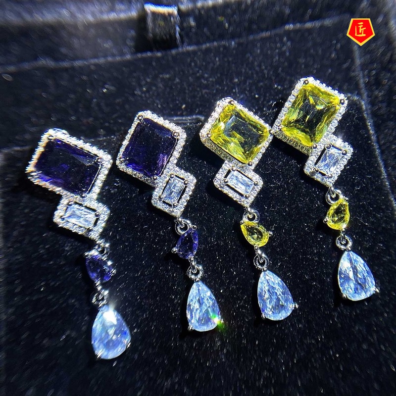 [Ready Stock]S925 Silver Vintage Square Yellow Gemstone Elegant Earrings