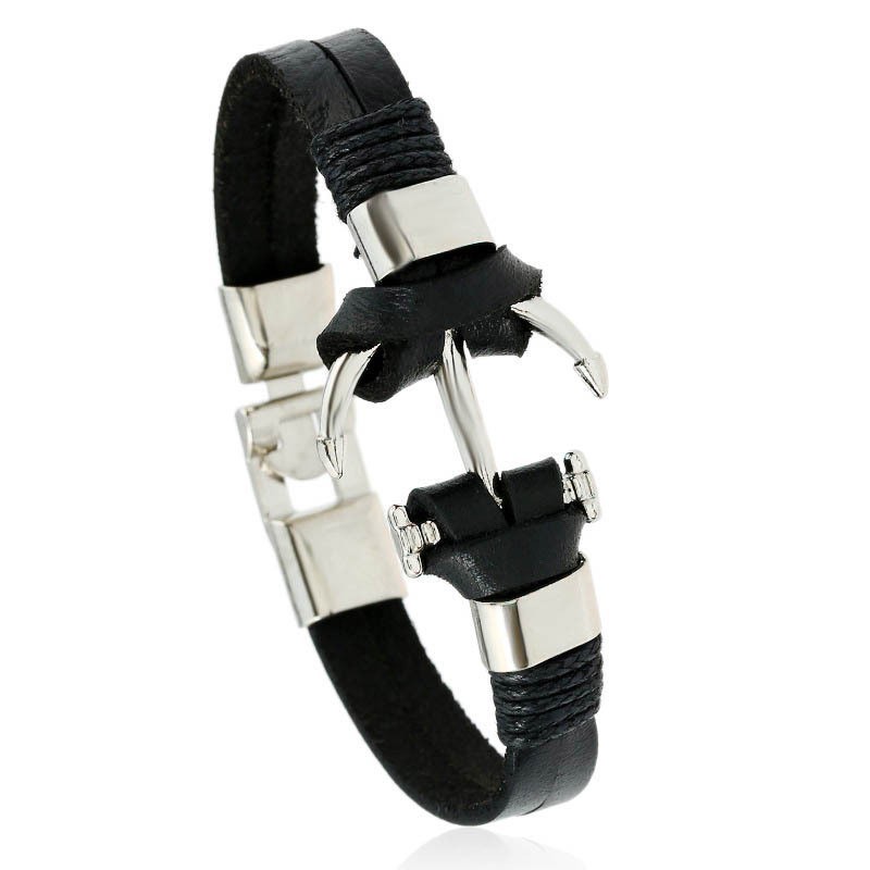 Gelang Fashion Pria -Bahan Kulit dengan Bandul Jangkar Stainless Besar