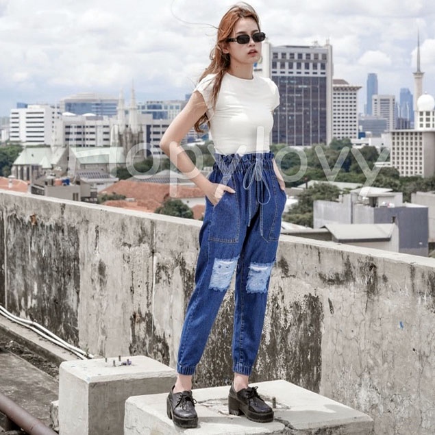 HOPYLOVY Celana Panjang Jogger Jeans Wanita HW Jeans Ripped Milena