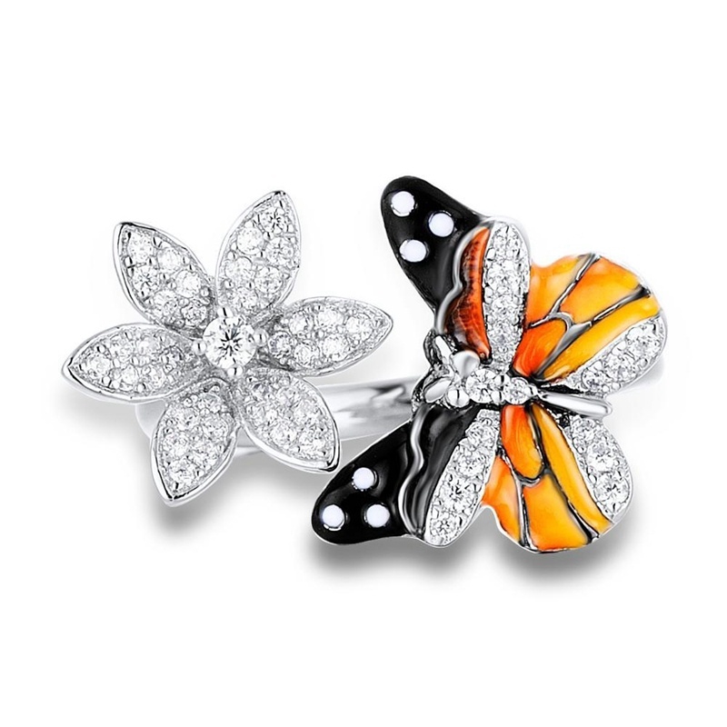 Cincin Sterling Silver 925 Desain Bunga + Kupu-Kupu Hias Kristal / Berlian Untuk Wanita Butterfly