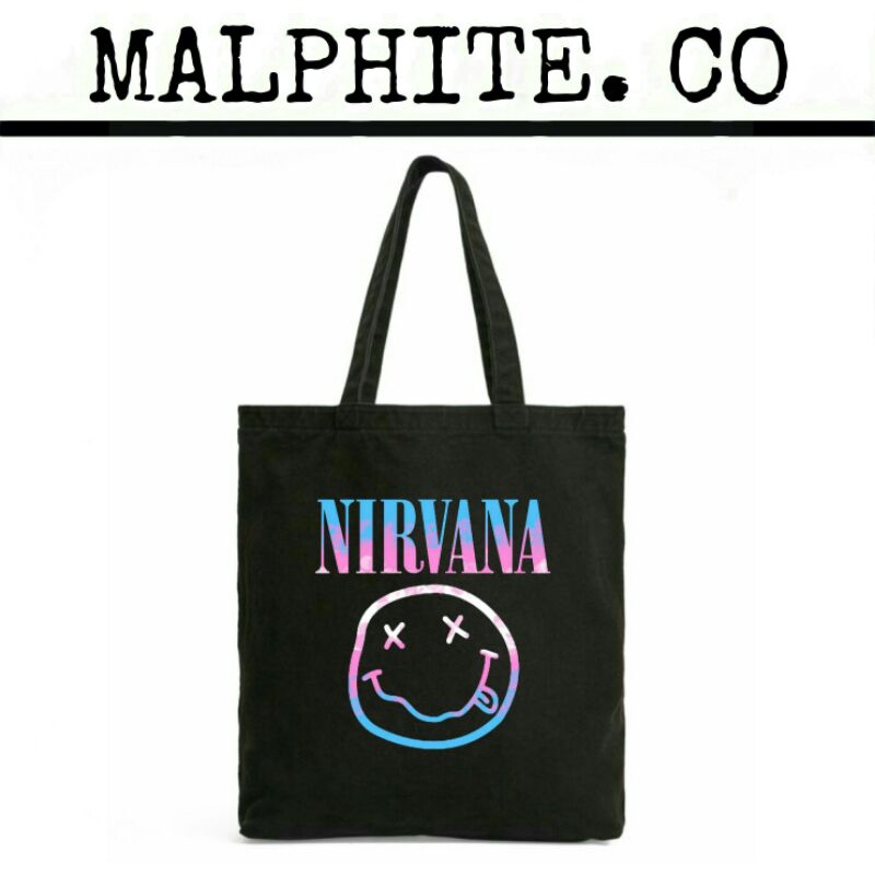 Totebag Nirvana Smiley Face Tote Bag Motif Logo Band Metal Merch Tas Jinjing Selempang Shoulder Hand