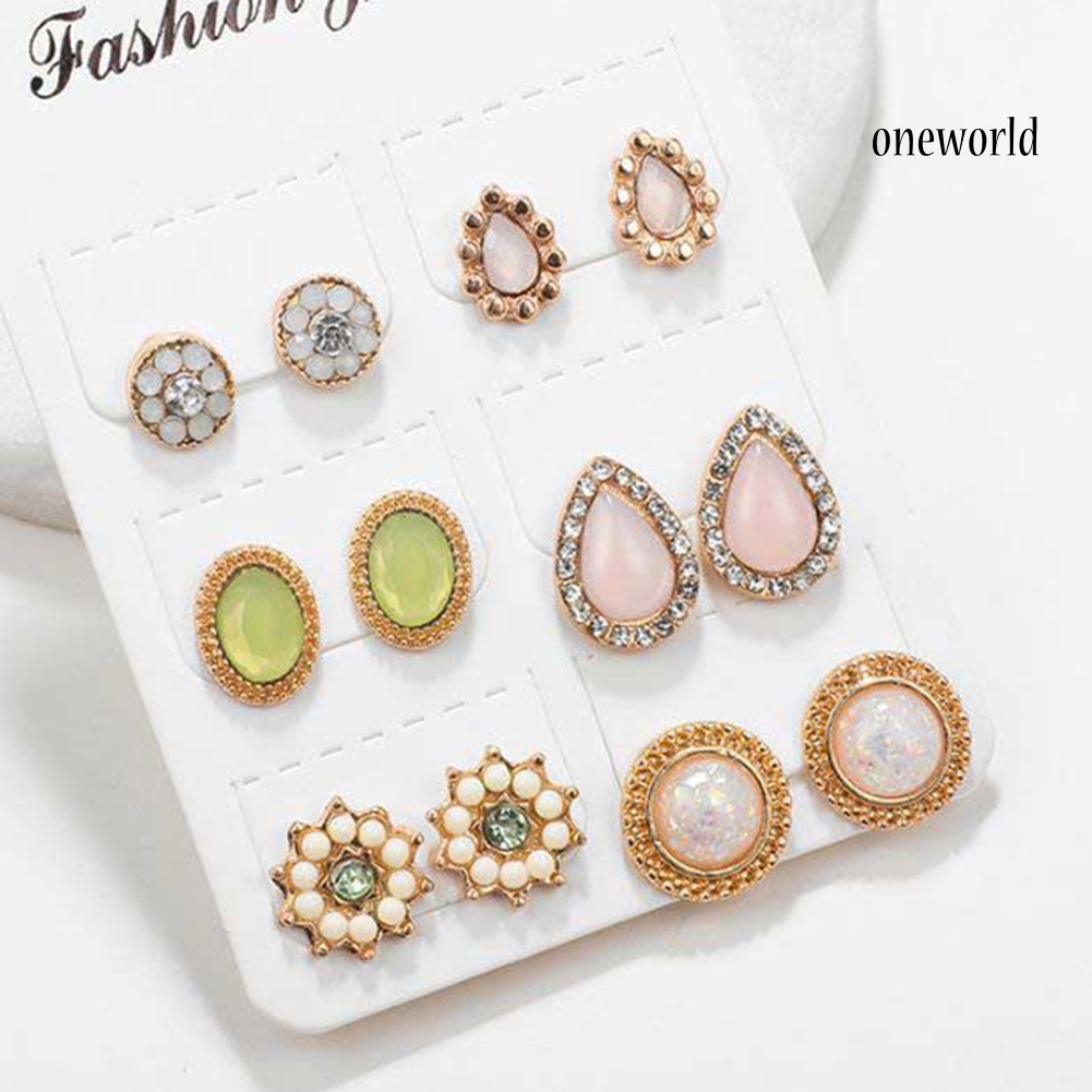 OW@ 6Pairs Fashion Women Water Drop Flower Rhinestone Faux Opal Ear Studs Earrings