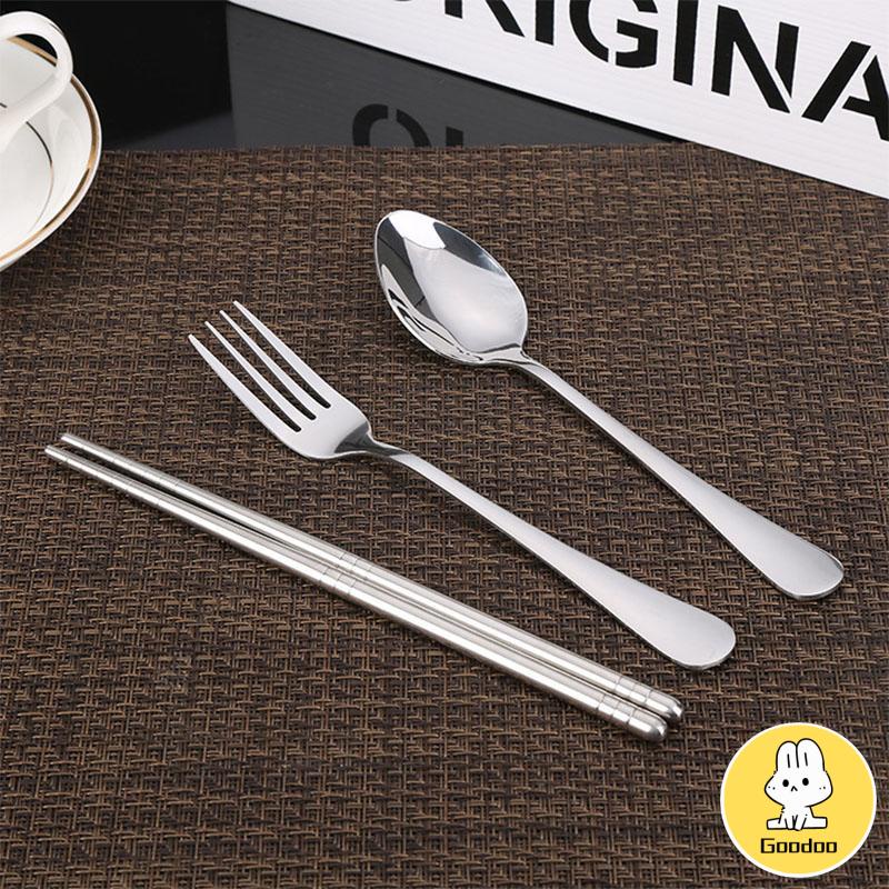 4PCS/ set Alat Makan Travel Korea Sumpit Portable Sendok Garpu Sumpit Stainless Steel 410 Include Kotak -Doo