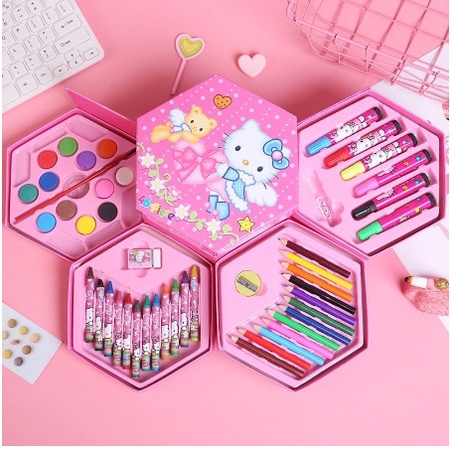 

⚡boyleexashop⚡Pensil warna set 46 pcs kartun Hello Kitty colour pencils draw crayon set kotak melukis gambar anak-anak sekolah hadiah gift anak