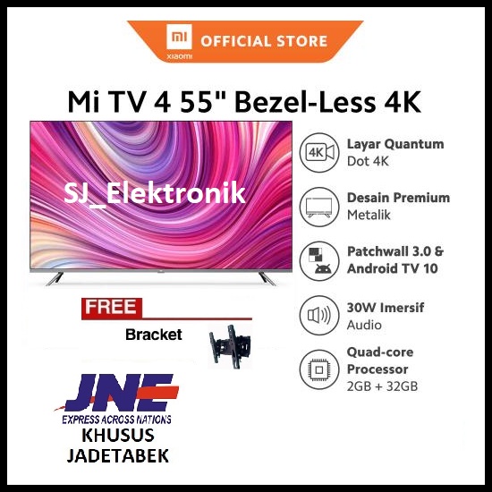 Free Braket LED TV Xiaomi 55 Inch Bezel Less 4K Mi TV 4 AndroidTV
