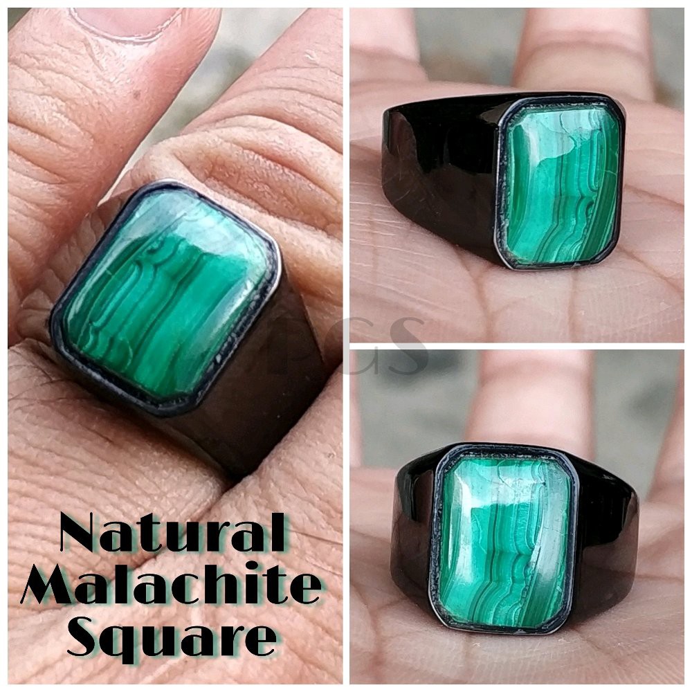 CINCIN BATU PERMATA NATURAL GREEN MALACHITE TITANIUM HITAM MINIMALIS