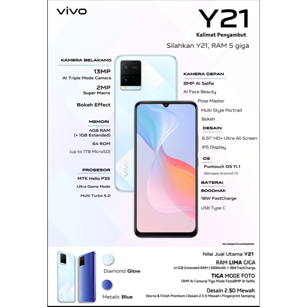 VIVO Y21 RAM 4GB + 1 GB EXTENDET ROM 64 GB / VIVO Y21S RAM 4 GB + 1GB EXTENDET ROM 128GB