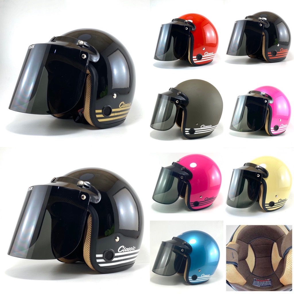 Helm Classic Dewasa Polos Garis Tiga Sni Full Leher