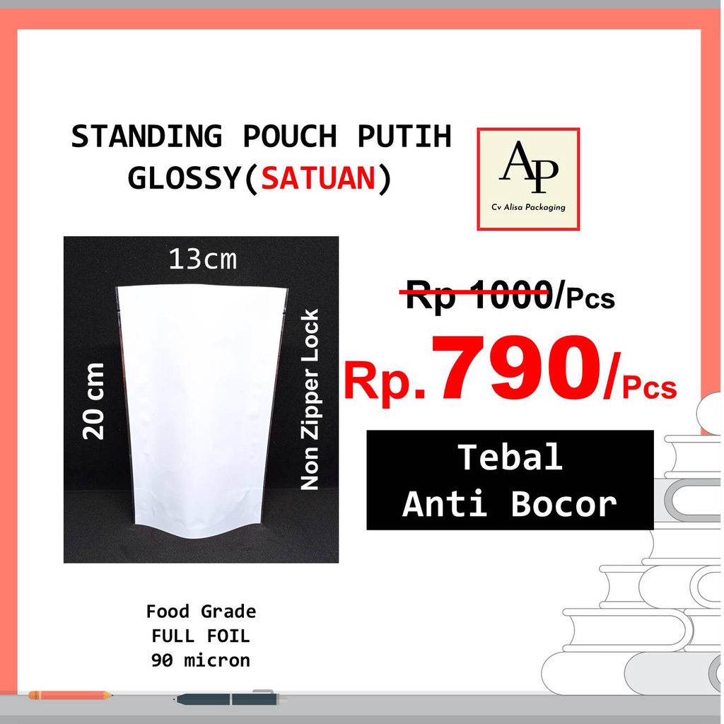 

Standing Pouch Alumunium Foil Warna Putih Glossy 13X20 Kemasan Plastik Klip Aluminium Foil Food Grade Non Ziplock Kantong Kopi Teh Snack Camilan Cemilan Bukan Kpack