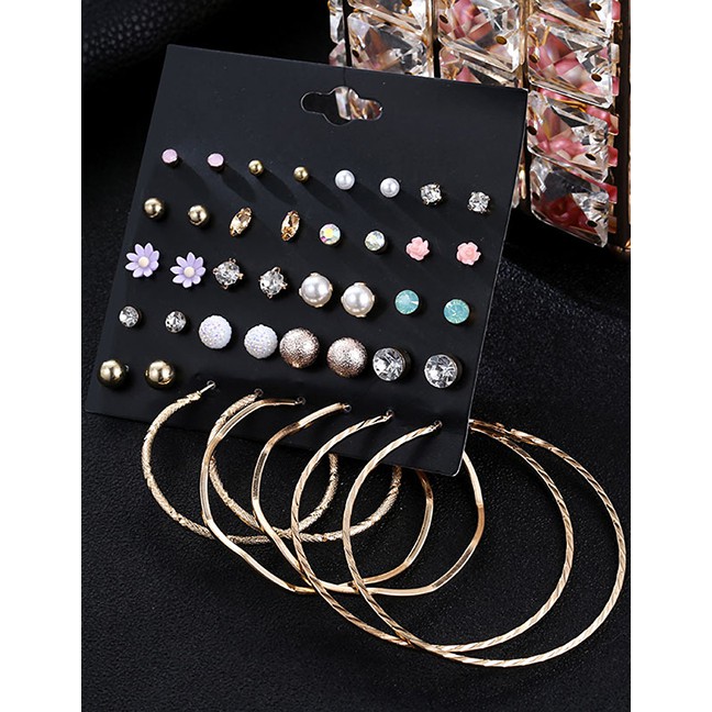 LRC Anting Set Fashion Gold Pearl Flower Earrings Set F71699