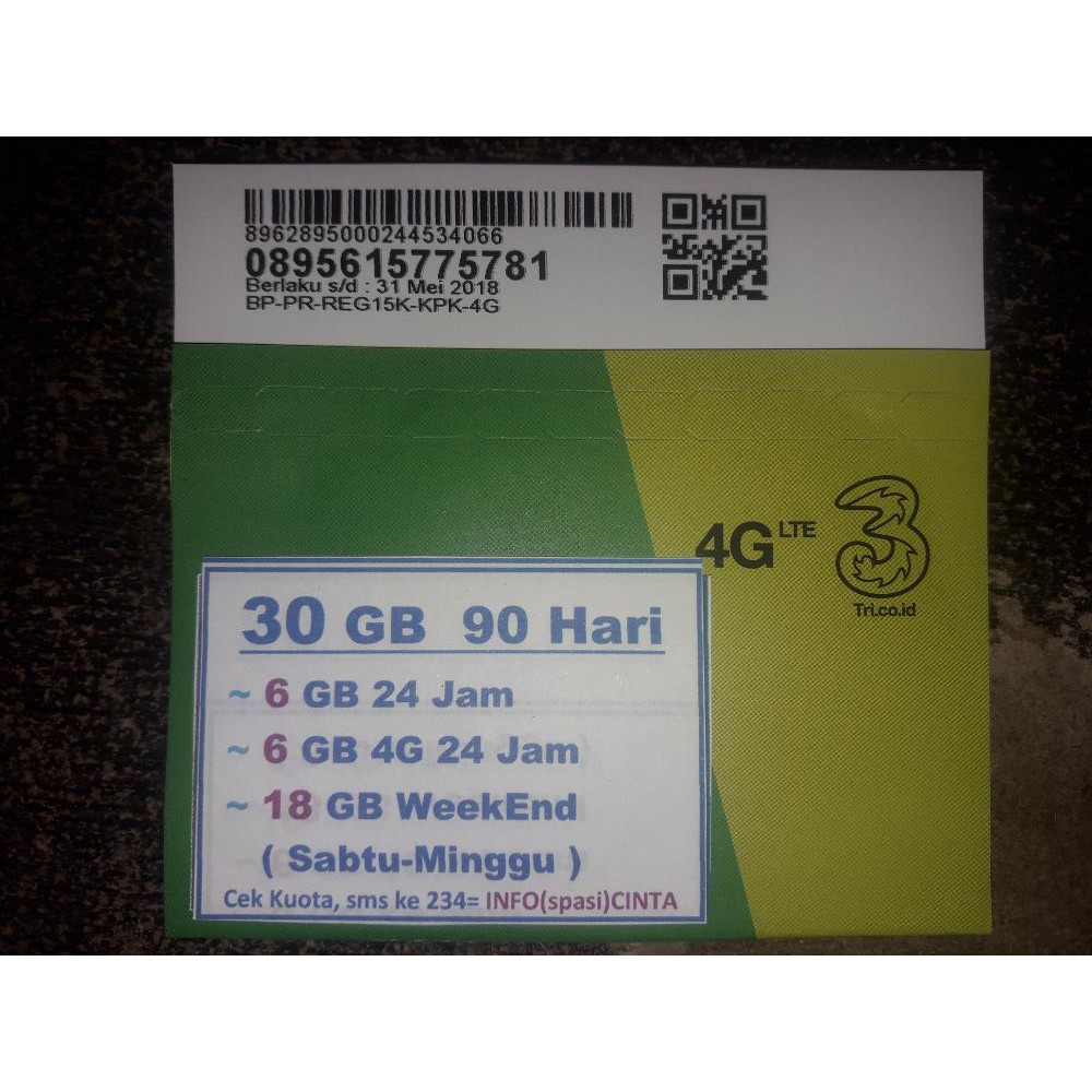 REGISTRASI NIK FREE Kartu Perdana Three 3 Tri Kuota 30GB = 20GB 24Jam + 20GB MALAM (AKTIF 3 BULAN