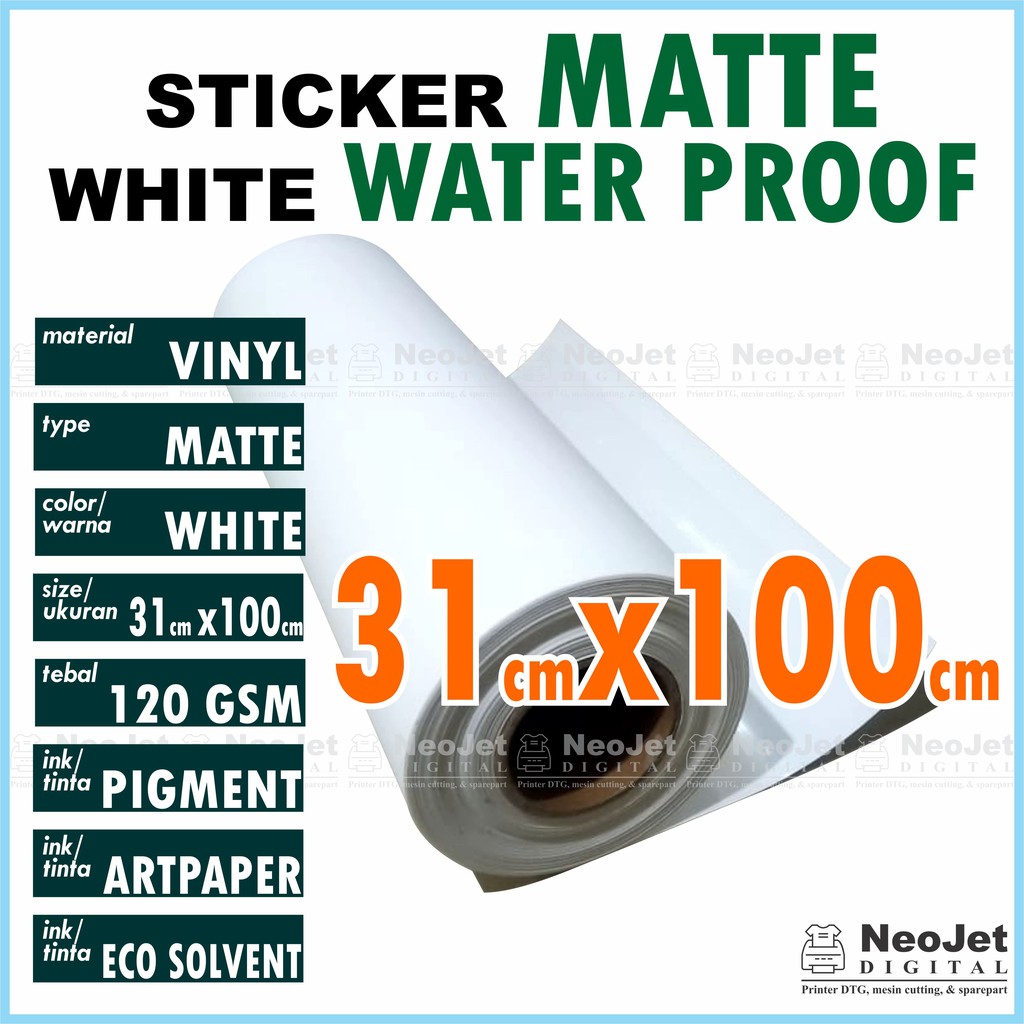 

Stiker Vinyl Matte Inkjet Waterproof Doff Doft Mate A3+ Putih Meteran Sample Water Proof Tahan Air