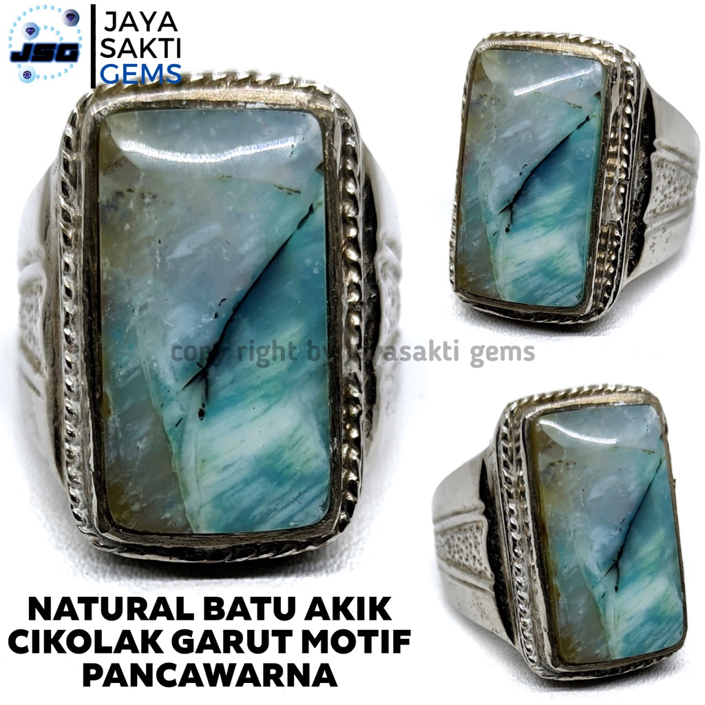 Natural Batu Akik Cikolak Garut Motif Pancawarna Ring Alpaka CKG05