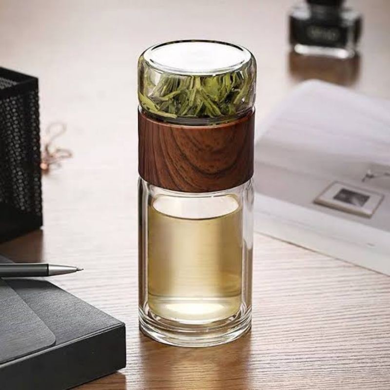 High Quality Double Glass Water Bottle Drink Bottle Infuser Tumbler tea saringan botol kaca wooden