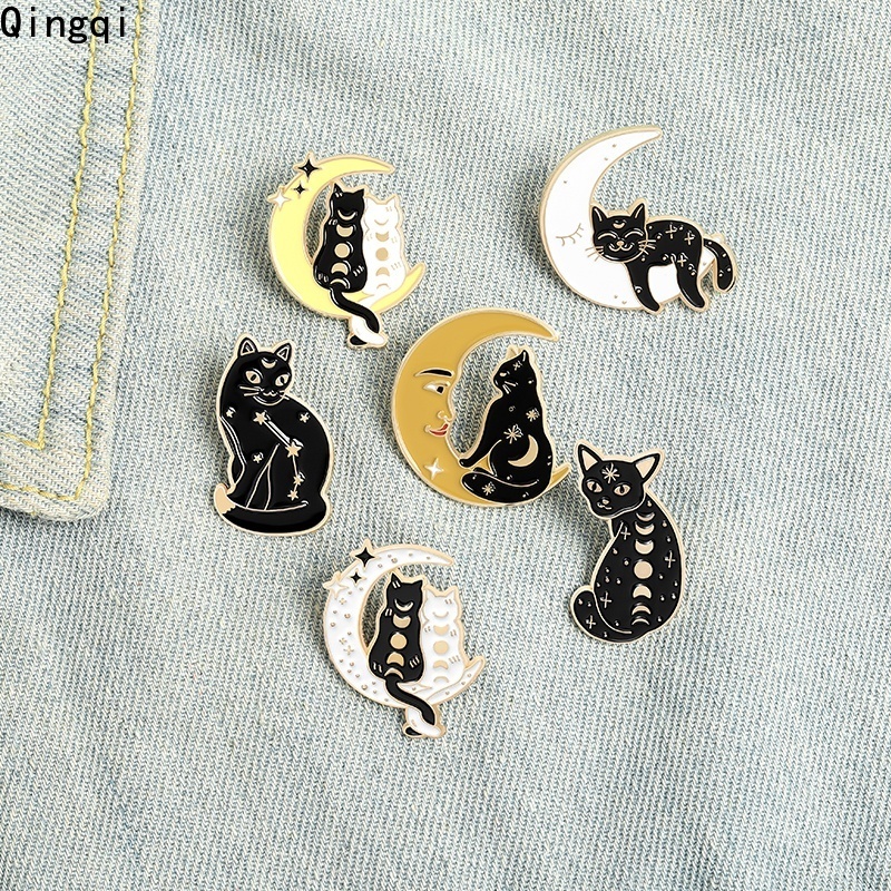 Bros Pin Enamel Desain Kartun Kucing Hitam Kucing Bulan Untuk Hadiah