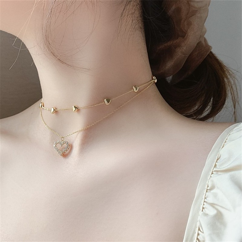 Korean fashion new style gold multi-layered diamond necklace with love heart personality clavicle chain