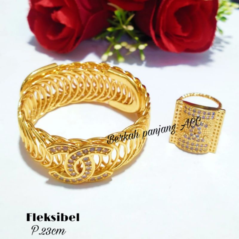 GELANG FLEKSIBEL BIG LOGO&amp;LOVE ELASTIS DEWASA+CINCIN PERMATA PERHIASAN ANTI KARAT