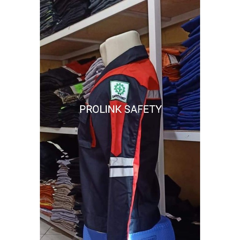 RESLETING MERAH KOMBINASI NAVY BAJU SERAGAM SAFETY BERLOGO K3 WEARPACK ATASAN BENDERA