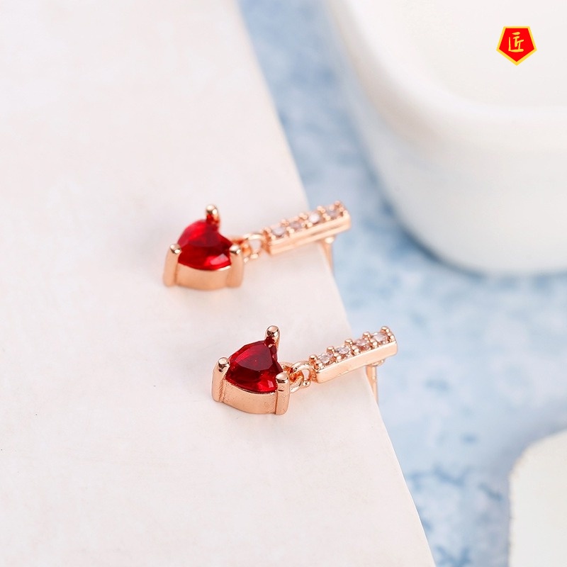 [Ready Stock]New Colored Gems Garnet Rose Gold Heart Shaped Stud Earrings