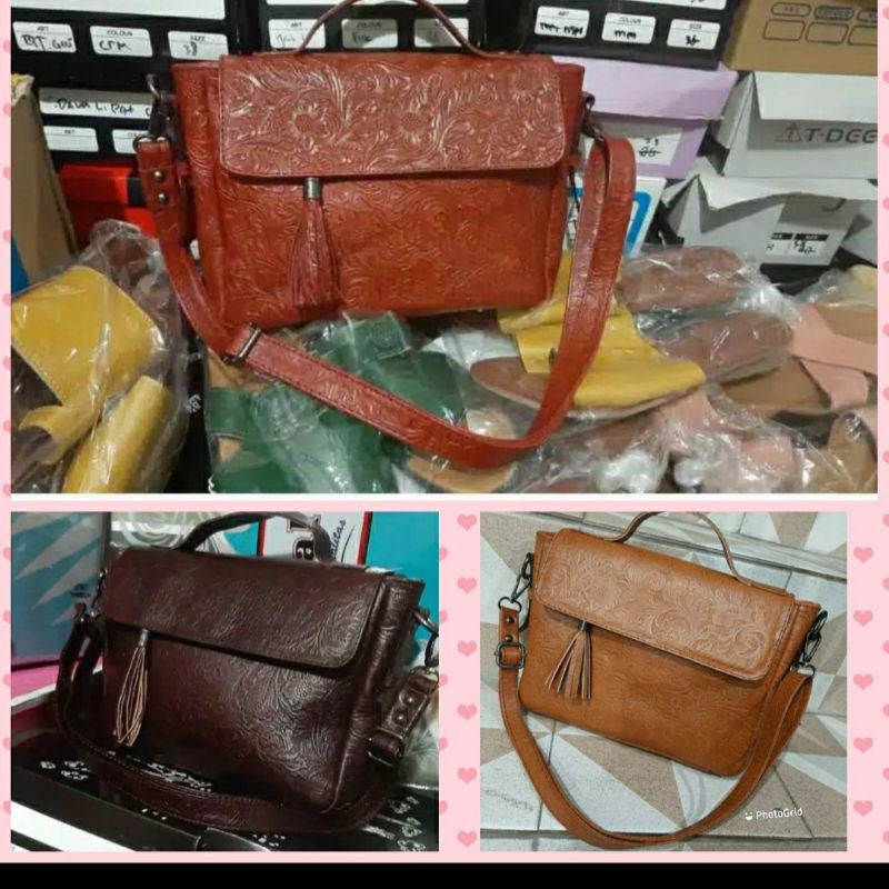 tas kulit sapi motif batik  double tali