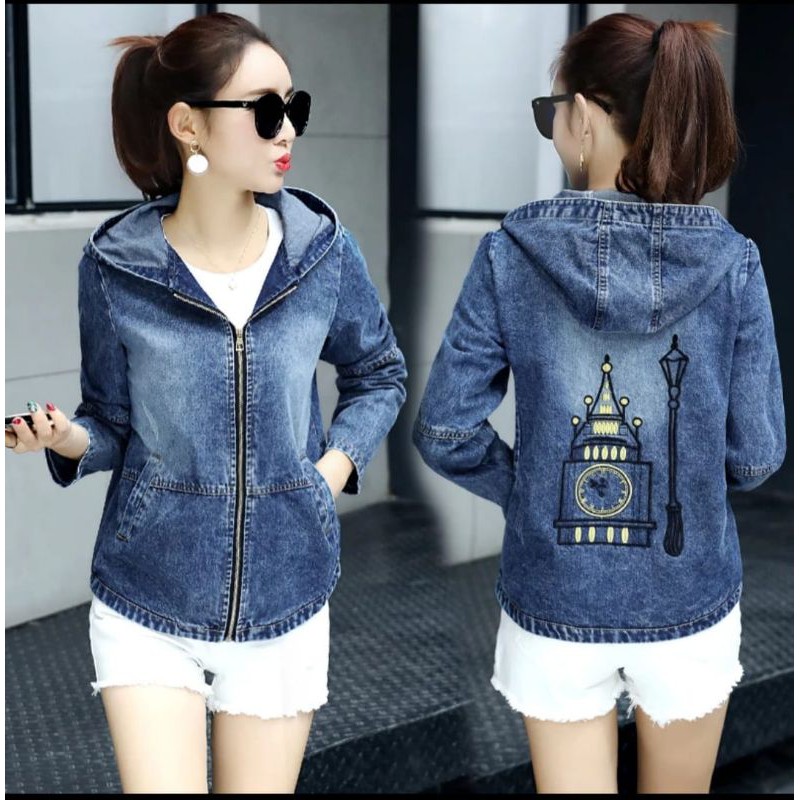 JAKET JEANS HOODIE WANITA RITSLETING DENGAN BORDIR