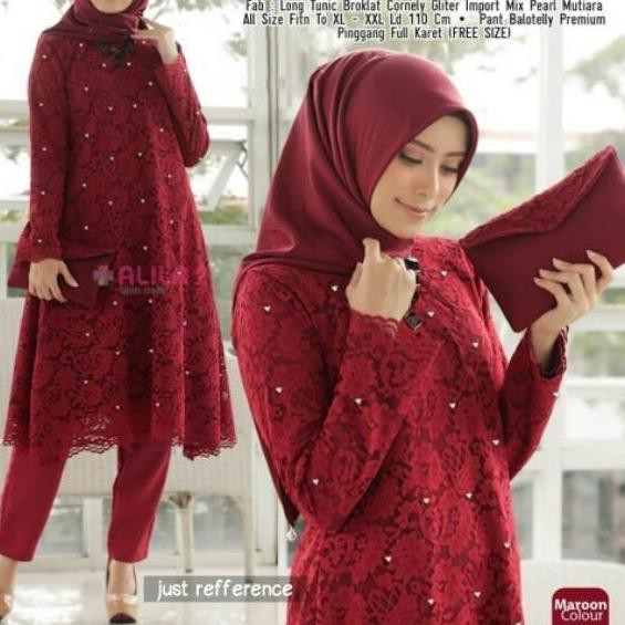 Flash Sale AMELIA SET MUSLIMAH WANITA BRUKAT MURAH SETELAN TUNIK BRUKAT+CELANA BAJU PESTA BAJU LEBAR