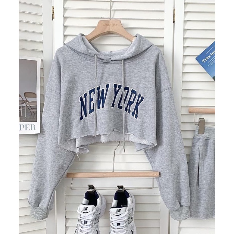 SWEATER HOODIE WANITA - NEWYORK CROP HOODIE OVERSIZE - HODIE WANITA