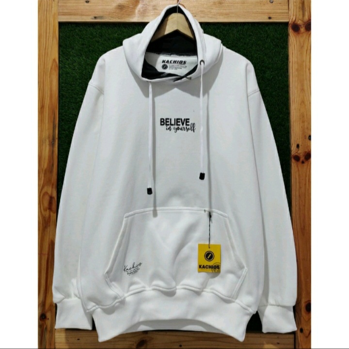 Sweater Hoodie Pria List BELIEVE Warna Putih Distro Premium Switer Unisex Cewek Cowok Hodie Original Kachios