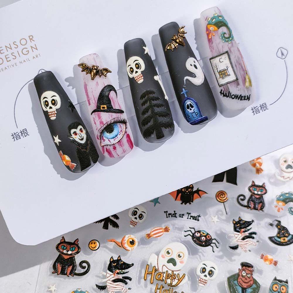 AUGUSTINA Agustina Halloween Stiker Kuku Wanita Relief Kitty Kucing Zombie Hantu Spider Nail Art Dekorasi