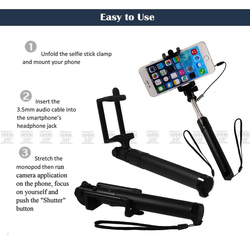 Tongsis Kabel Fullblack Full Black Selfie Stick Handphone Holder U Hitam Tongkat Narsis