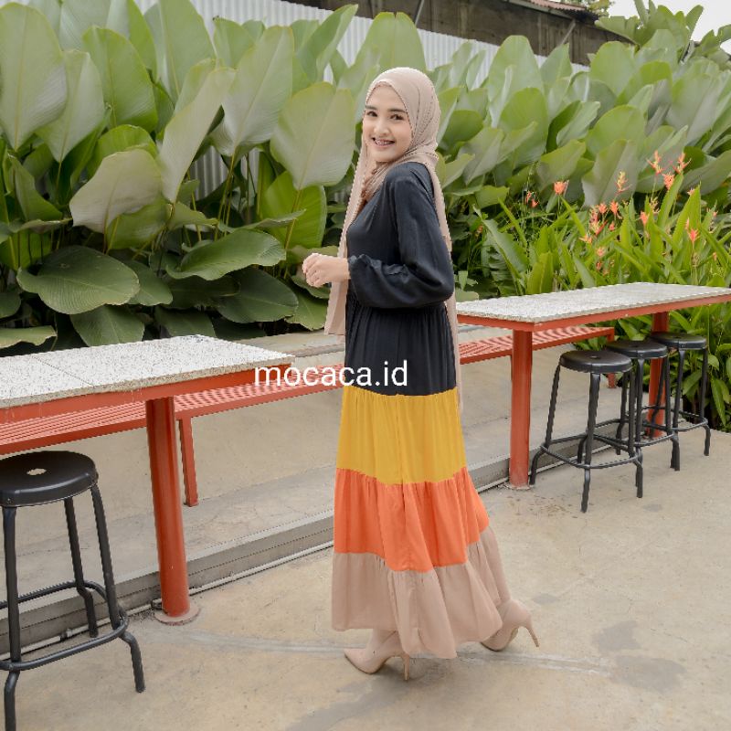 midi dress campur warna rainbow hitam kuning orens coksu cream busui friendly ootd update 2021sleting wudhu lengan karet