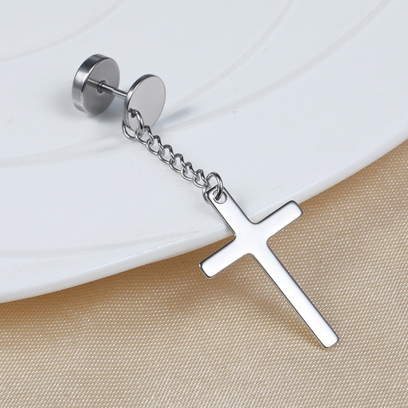 One Piece Korea Stainless Steel Cross Stud Anting-Anting Fashion Hitam Sendi Gaya Gothic Stud Anting-Anting Hip Hop Trendi Rantai Anting-Anting