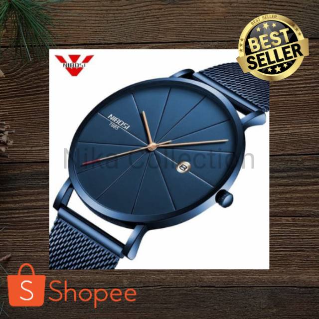 Jam Tangan Pria Tipis Original NIBOSI Ultra Thin 2321 Anti Air Biru
