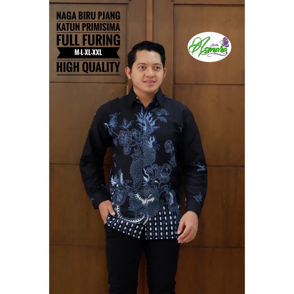 NAGA BIRU Kemeja Batik Pria Lengan Panjang Katun Halus FULL FURING Batik Asmara