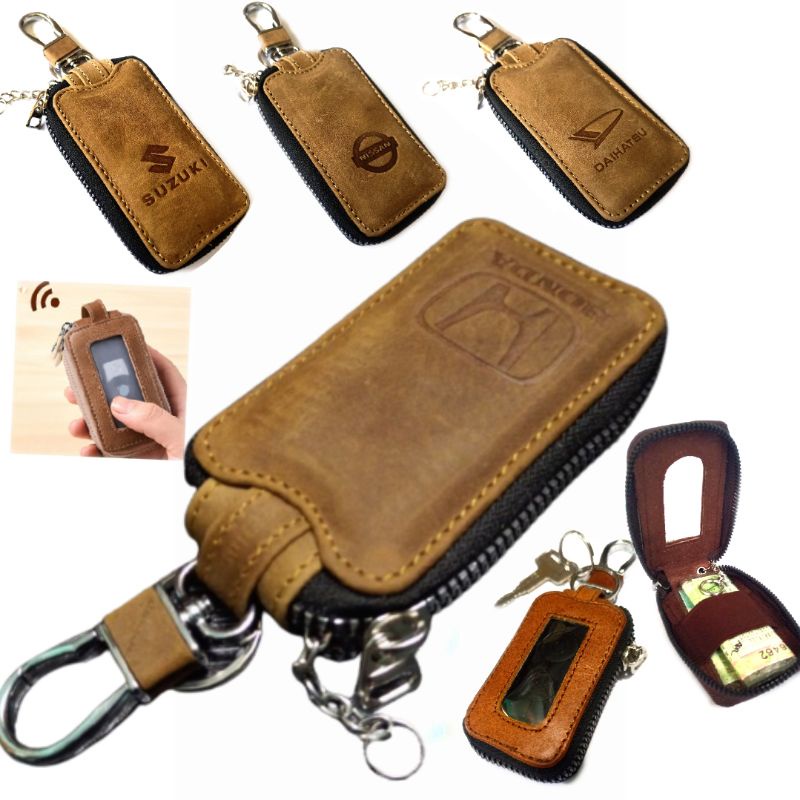 dompet kunci remote keyless mobil kulit asli transparan Zipper dompet STNK