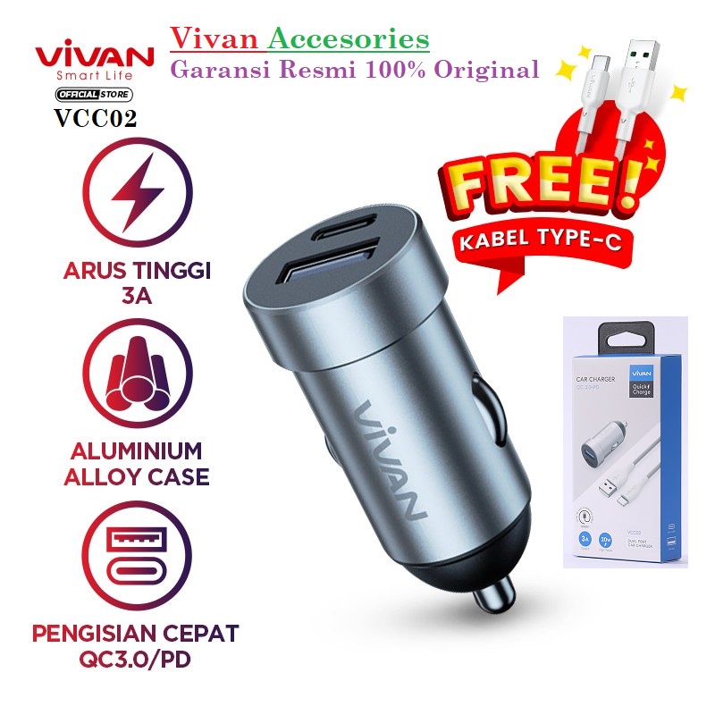 Vivan VCC02 Dual Port PD Fast Charging 20W Car Charger USB-C Cable