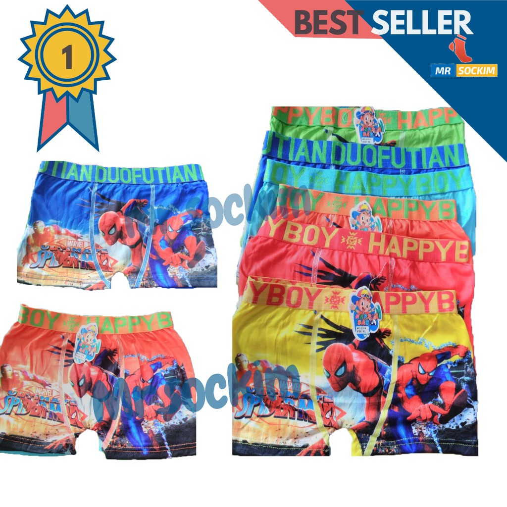 celana boxer anak laki laki katun stretch 2 tahun 8 tahun Motif Karakter happy boy (6 Pcs)