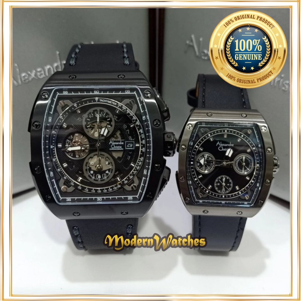 Jam Tangan Couple Alexandre Christie Original AC 6411 Full Black Hitam Tali Kulit Leather Sporty Ale