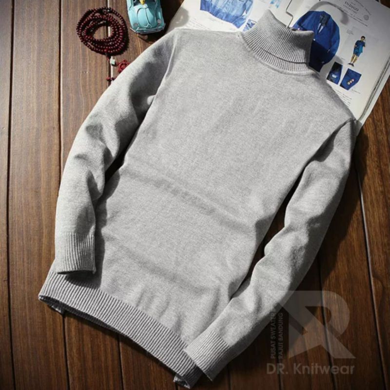 Rajut Turtleneck Sweater Cowok Grey - Sweater Rajut Kerah Tinggi Pria Premium
